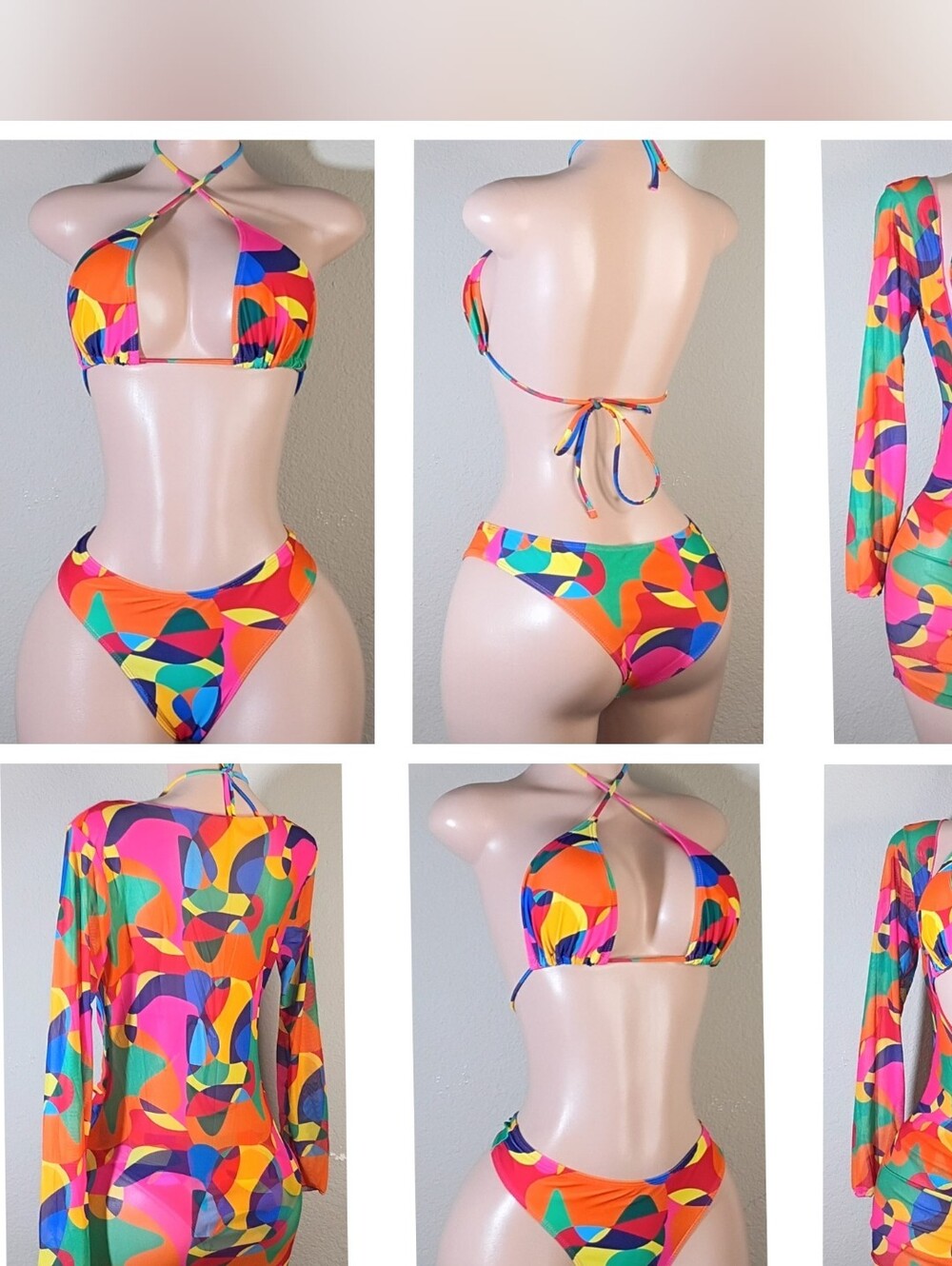 Muticolor Bikini With Mesh Cover Up Dress
